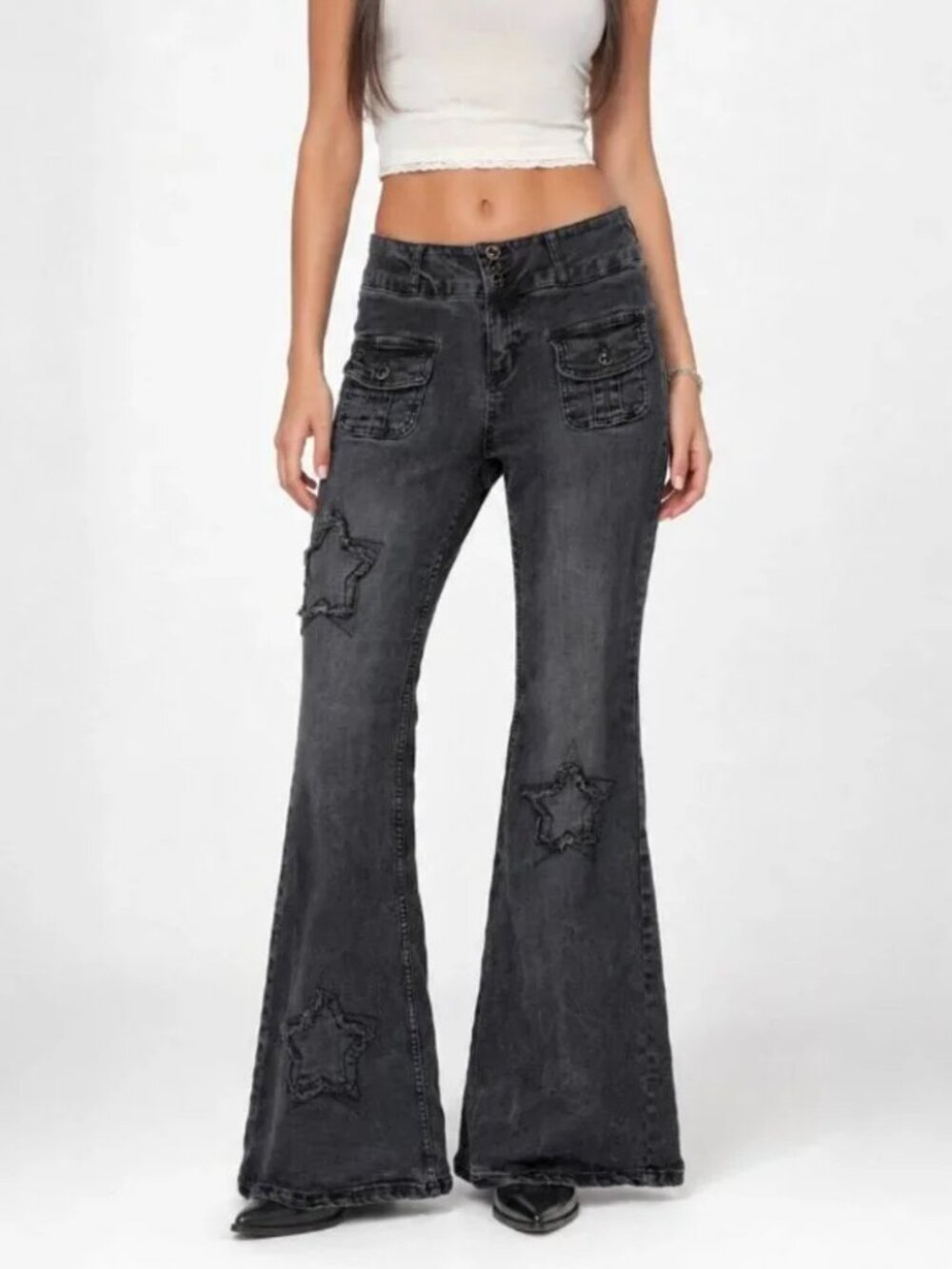Hot Topic Black Flare Jeans Star Patch Y2K Stretch Size 9